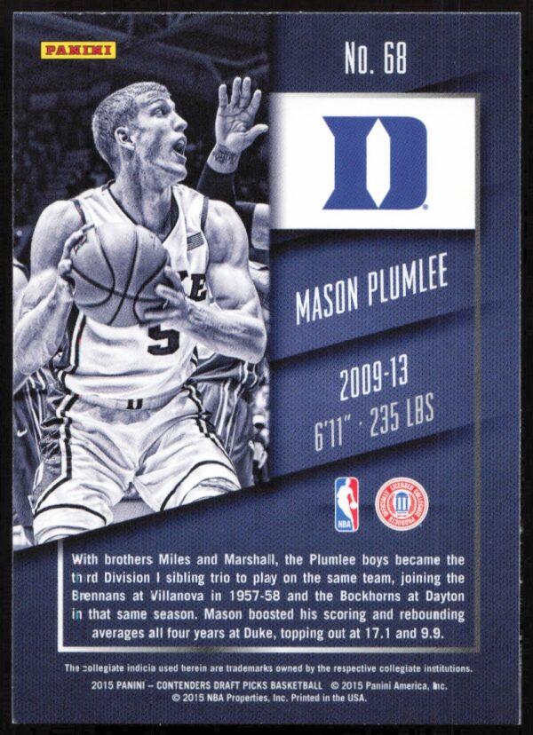 2015-16 Panini Contenders Draft Picks Mason Plumlee #68 (Back)