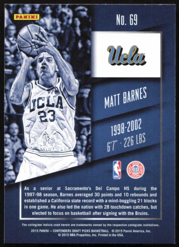 2015-16 Panini Contenders Draft Picks Matt Barnes #69 (Back)