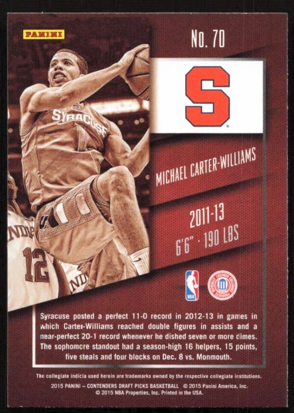 2015-16 Panini Contenders Draft Picks Michael Carter-Williams #70 (Back)