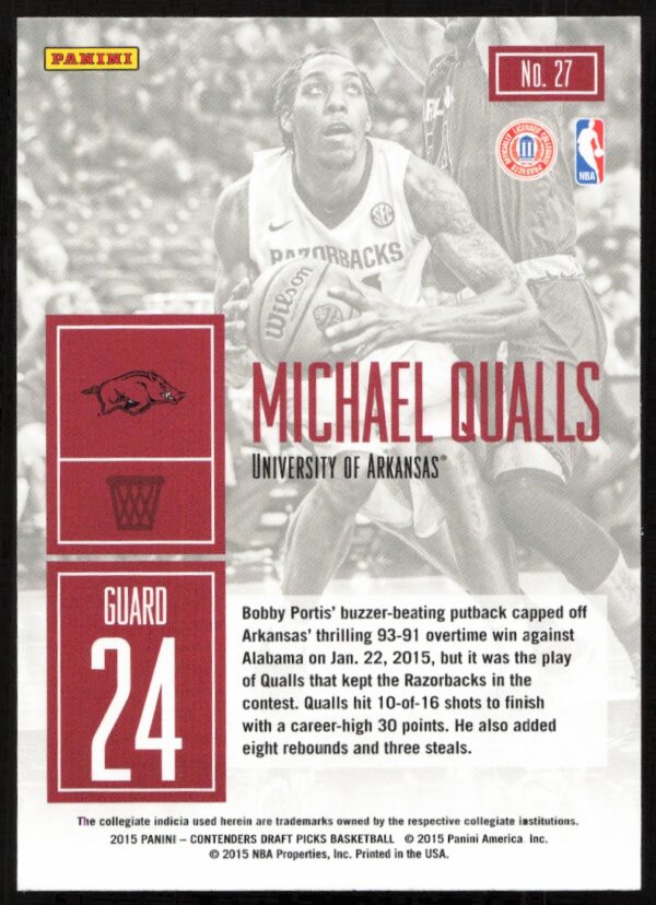 2015-16 Panini Contenders Draft Picks Michael Qualls Game Day #27 (Back)