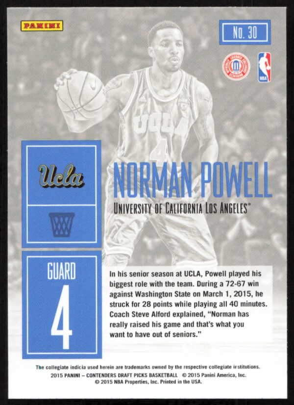 2015-16 Panini Contenders Draft Picks Norman Powell Game Day #30 (Back)