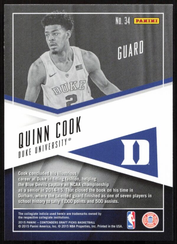 2015-16 Panini Contenders Draft Picks Quinn Cook School Colors #34 (Back)