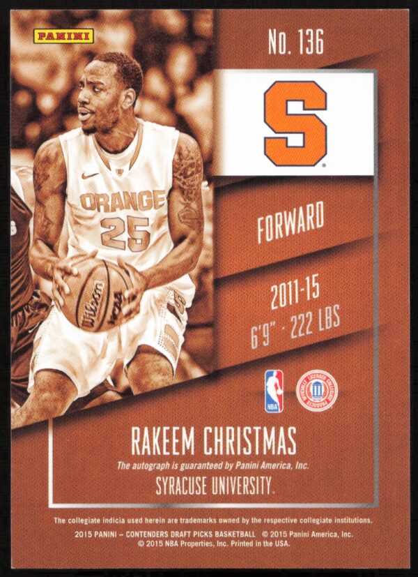 2015-16 Panini Contenders Draft Picks Rakeem Christmas #136 (Auto) (Back)