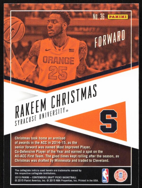 2015-16 Panini Contenders Draft Picks Rakeem Christmas School Colors #36 (Back)