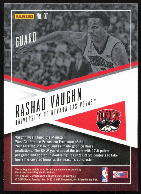 2015-16 Panini Contenders Draft Picks Rashad Vaughn School Colors #37 (Back)