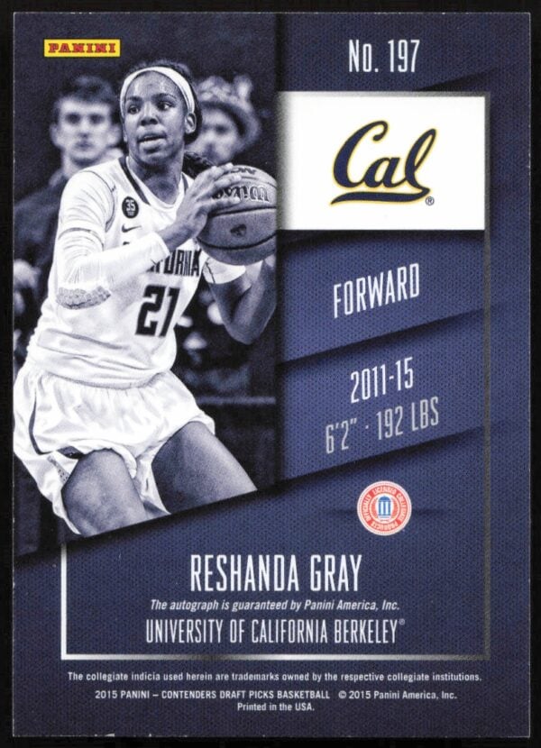 2015-16 Panini Contenders Draft Picks Reshanda Gray #197 (Auto) (Back)