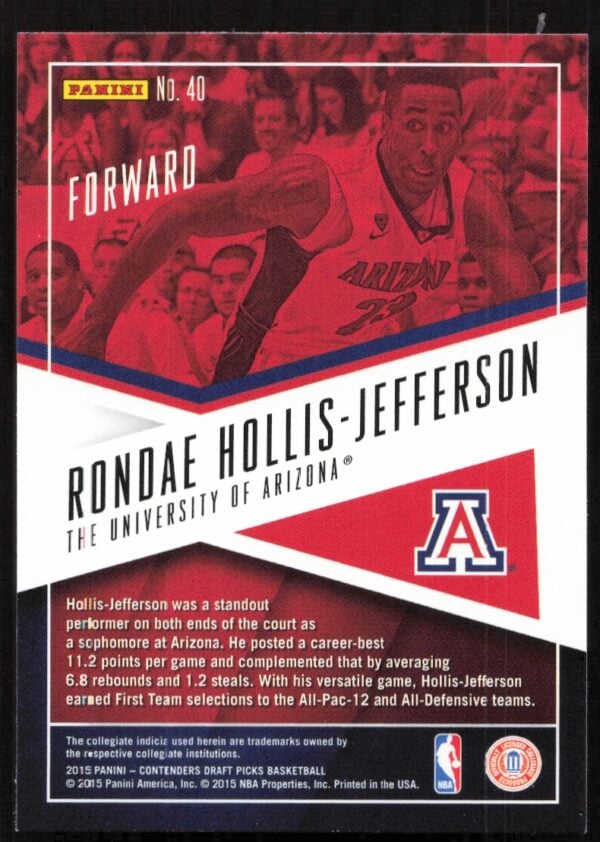 2015-16 Panini Contenders Draft Picks Rondae Hollis-Jefferson School Colors #40 (Back)