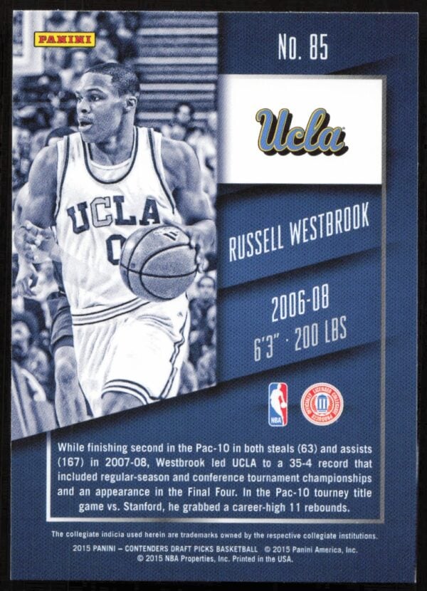 2015-16 Panini Contenders Draft Picks Russell Westbrook #85 (Back)