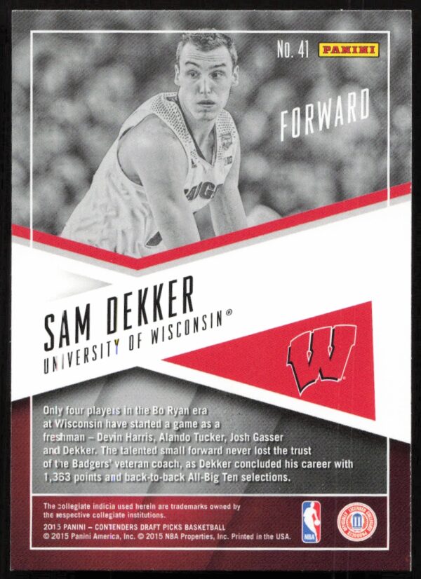 2015-16 Panini Contenders Draft Picks Sam Dekker School Colors #41 (Back)