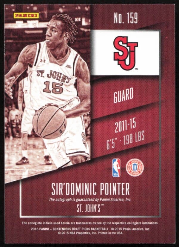 2015-16 Panini Contenders Draft Picks Sir'Dominic Pointer #159 (Auto) (Back)