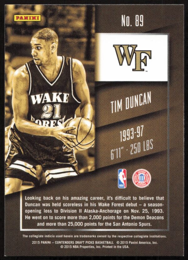 2015-16 Panini Contenders Draft Picks Tim Duncan #89 (Back)