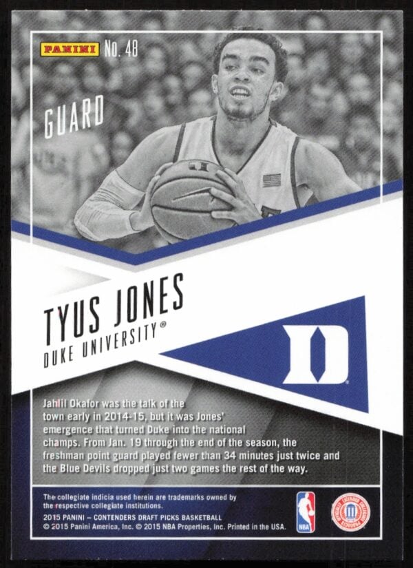 2015-16 Panini Contenders Draft Picks Tyus Jones School Colors #48 (Back)