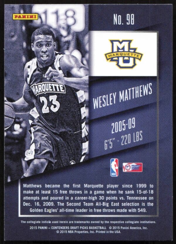 2015-16 Panini Contenders Draft Picks Wesley Matthews #98 (Back)