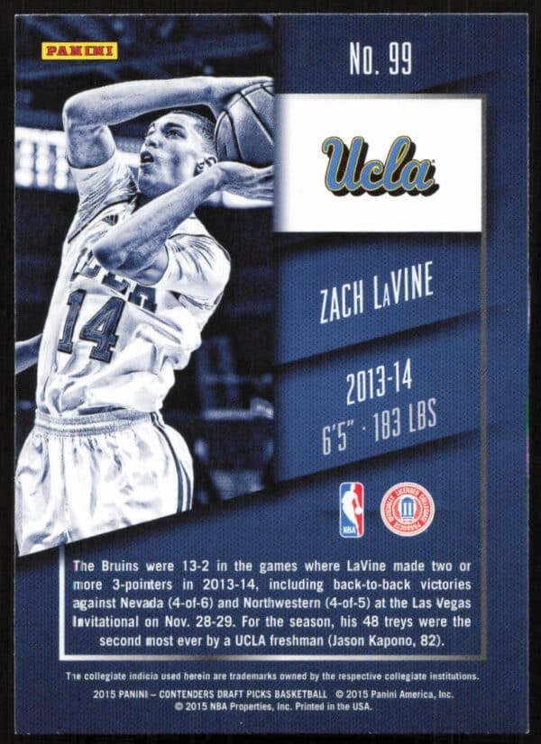 2015-16 Panini Contenders Draft Picks Zach LaVine #99 (Back)