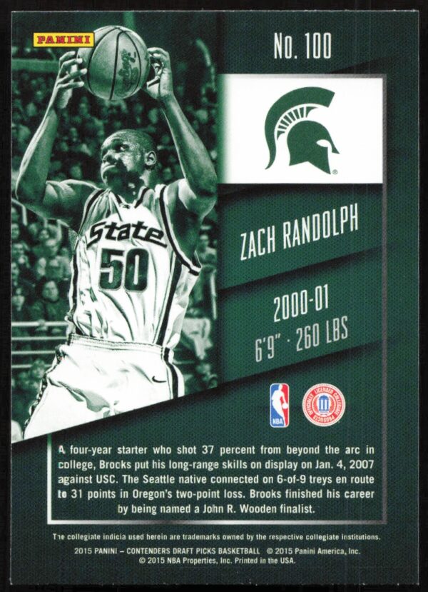 2015-16 Panini Contenders Draft Picks Zach Randolph #100 (Back)