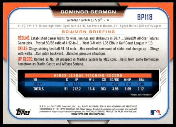 2015 Bowman Domingo German Prospects #BP118 (Back)