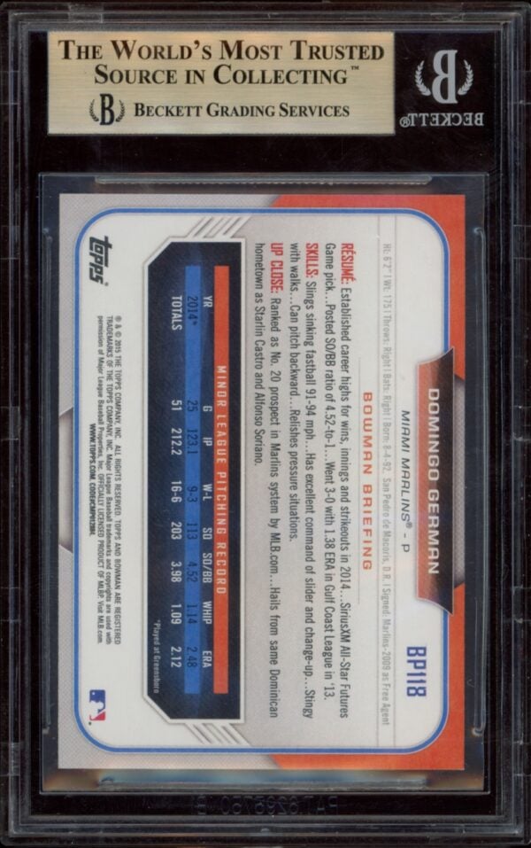 BGS graded 2015 Bowman Prospects Domingo German #BP118 card in protective slab.