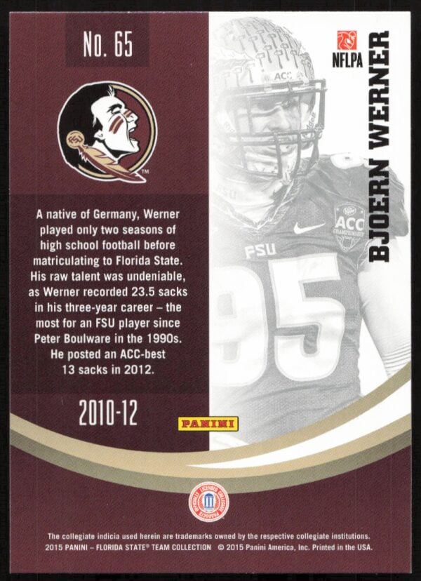 2015 Panini Florida State Seminoles Bjoern Werner #65 (Back)