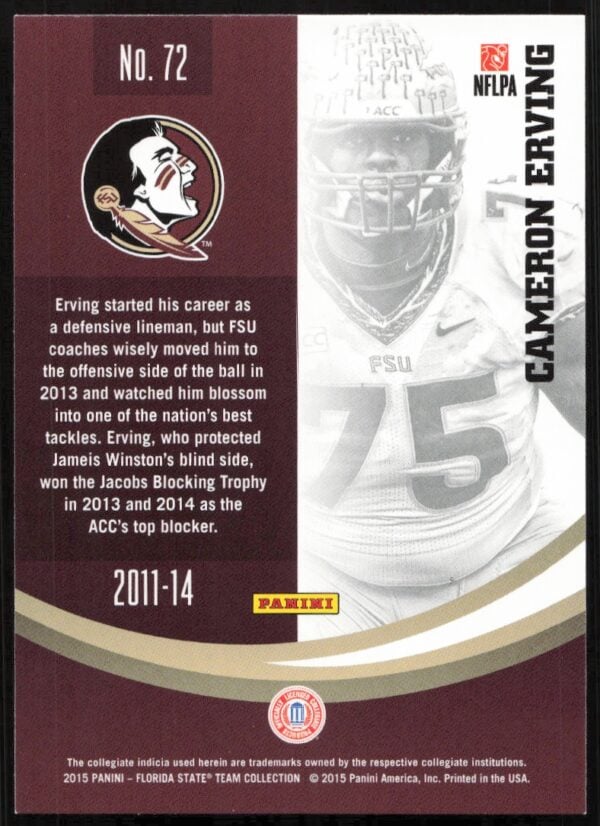 2015 Panini FSU Cameron Erving sports card #72, featuring player in action.