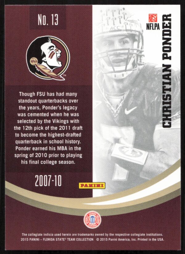 2015 Panini Florida State Seminoles Christian Ponder #13 (Back)