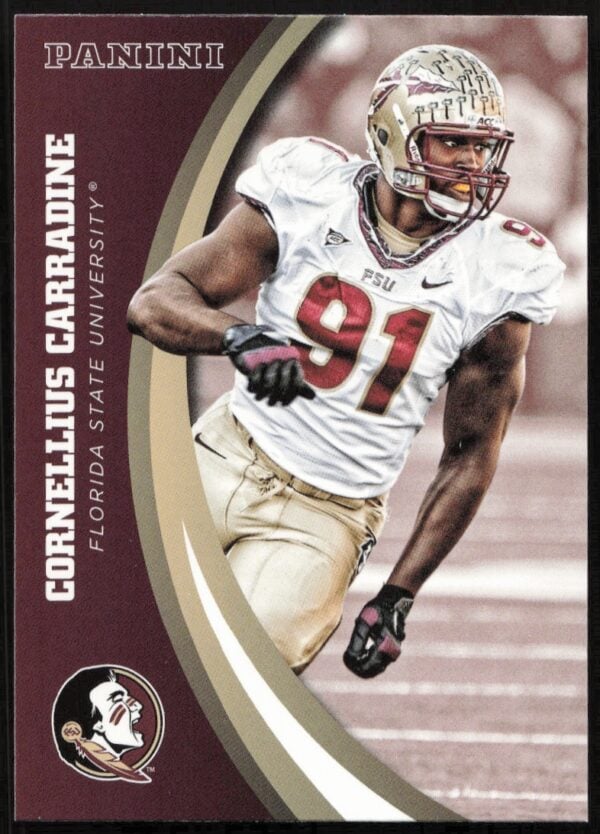 2015 Panini FSU Cornelius Carradine card, action shot in away uniform.