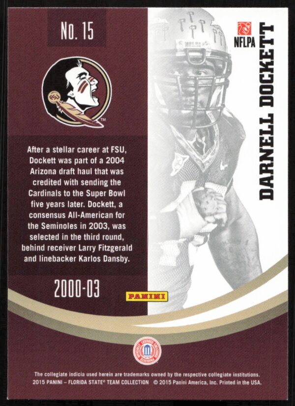 2015 Panini Florida State Seminoles Darnell Dockett #15 (Back)