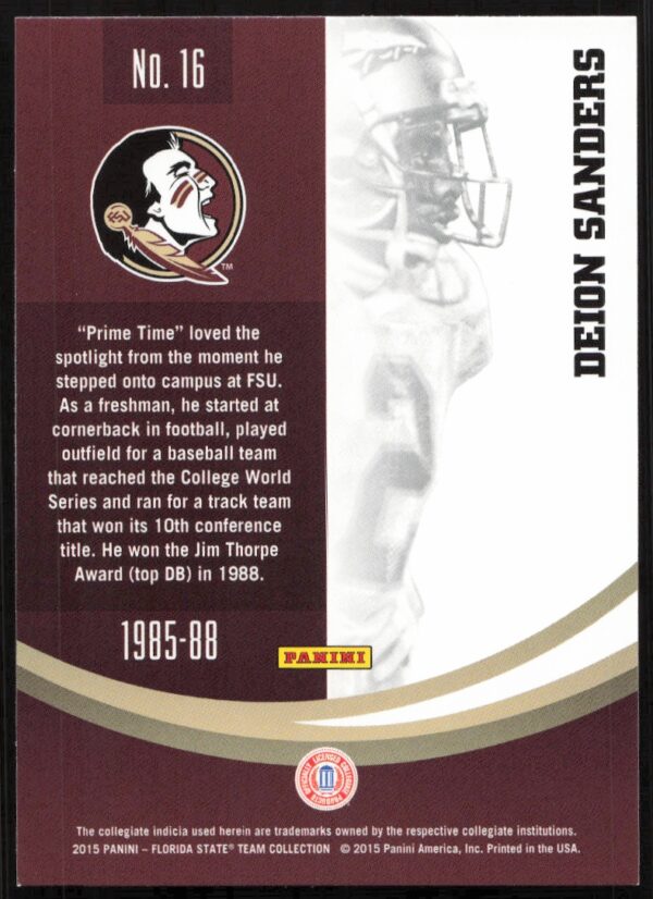 2015 Panini card of FSU athlete Deion Sanders in action, featuring profile and career highlights.