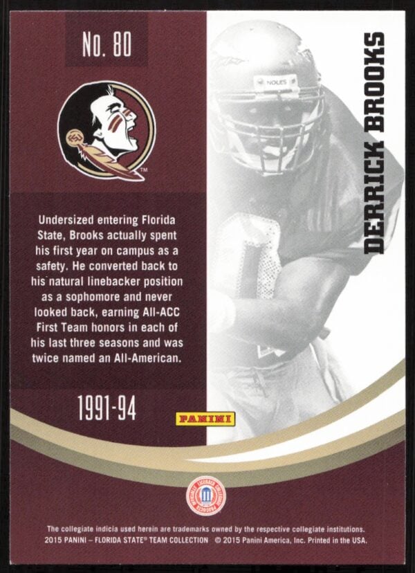 Derrick Brooks Florida State trading card, action shot, Panini 2015.