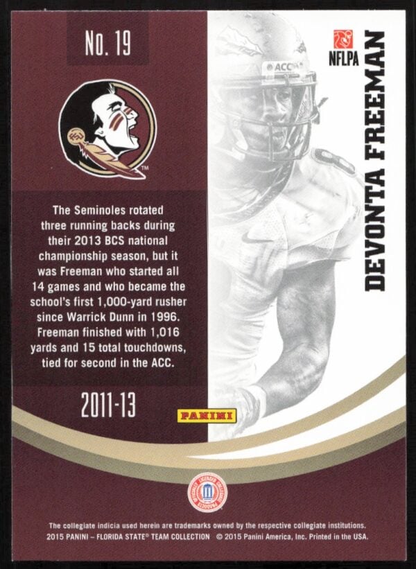 2015 Panini Florida State Seminoles Devonta Freeman #19 (Back)