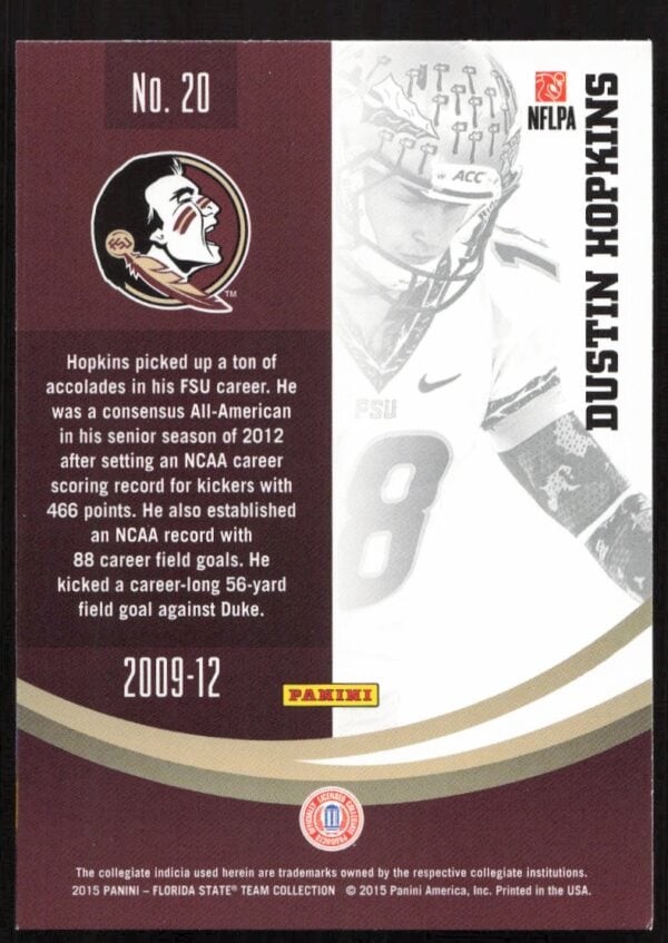 2015 Panini Florida State Seminoles Dustin Hopkins #20 (Back)