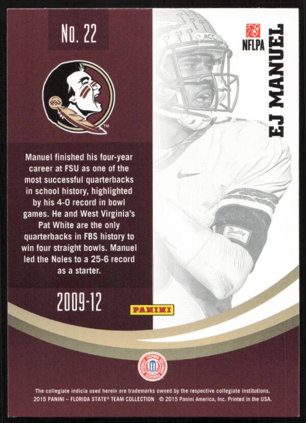 2015 Panini Florida State Seminoles EJ Manuel #22 (Back)