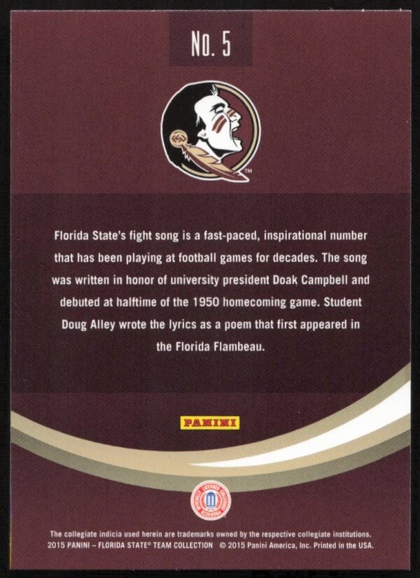 2015 Panini Florida State Seminoles Fight Song #5 (Back)