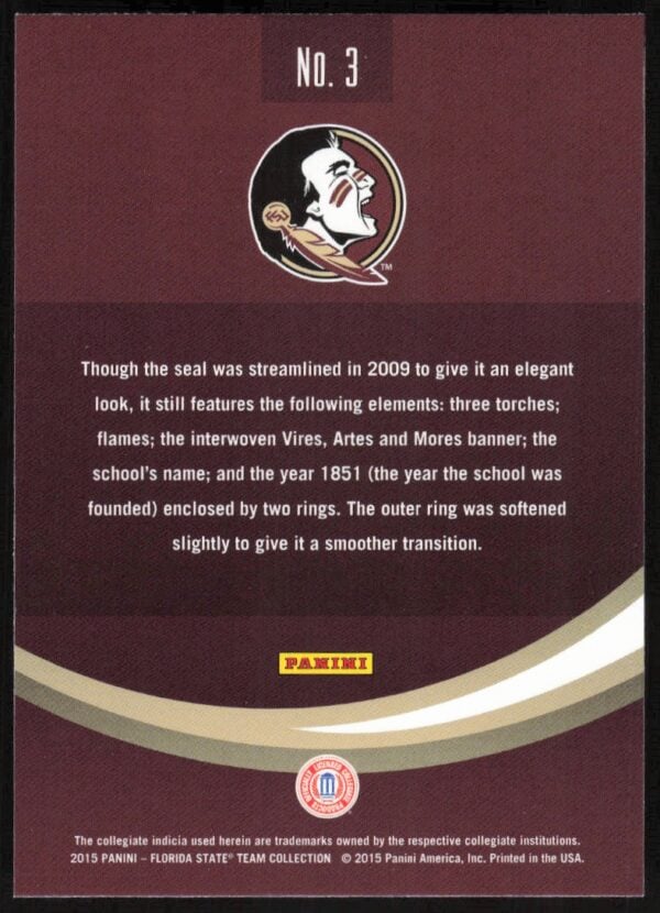 2015 Panini Florida State Seminoles Florida State University Seal #3 (Back)