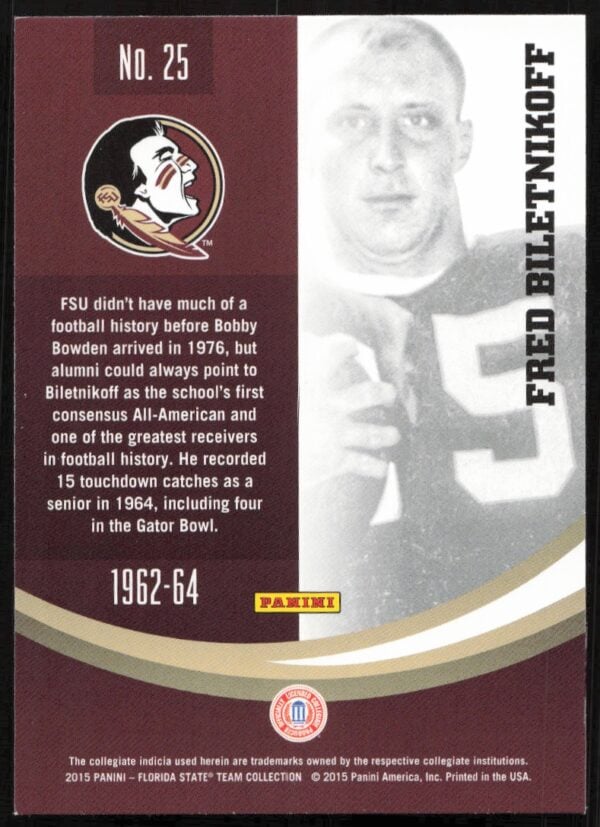 2015 Panini Florida State Seminoles Fred Billetnikoff #25 (Back)