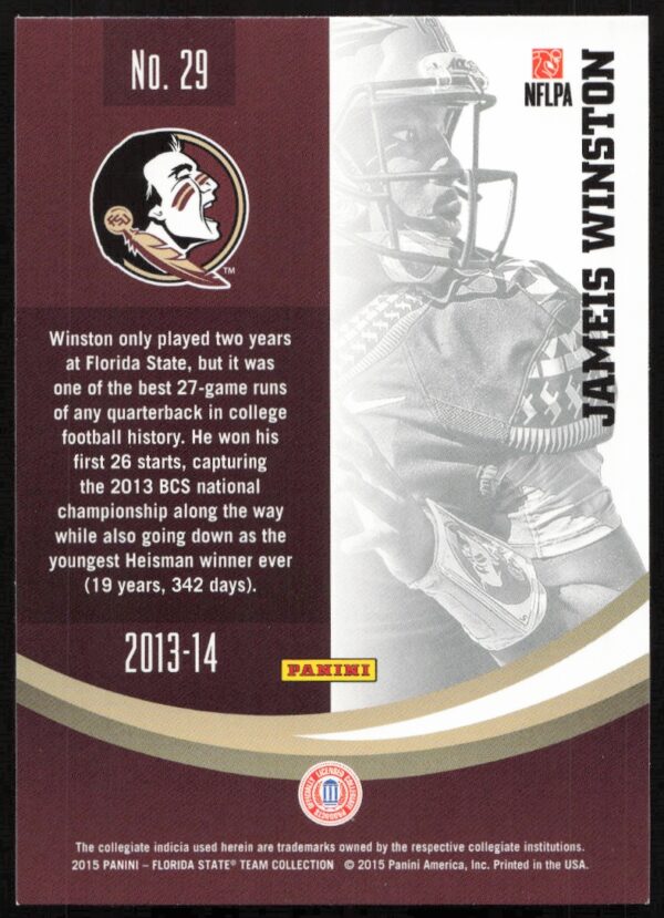 2015 Panini Florida State Seminoles James Winston #29 (Back)