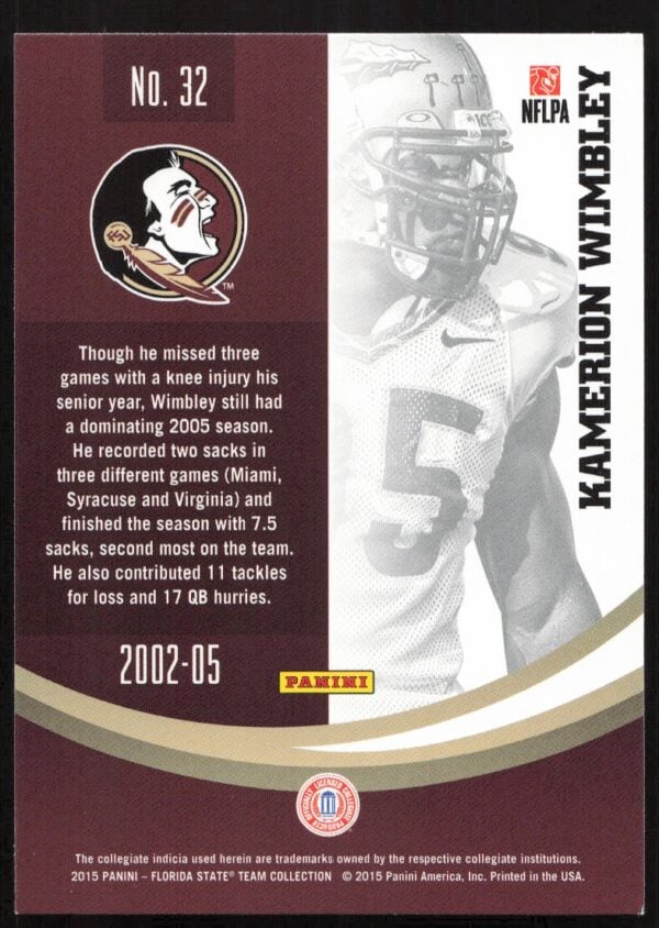 2015 Panini Florida State Seminoles Kamerion Wimbley #32 (Back)