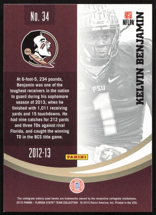 2015 Panini Florida State Seminoles Kelvin Benjaman #34 (Back)