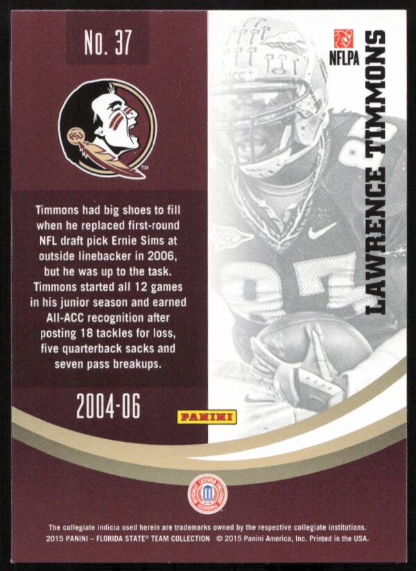 2015 Panini Florida State Seminoles Lawrence Timmons #37 (Back)