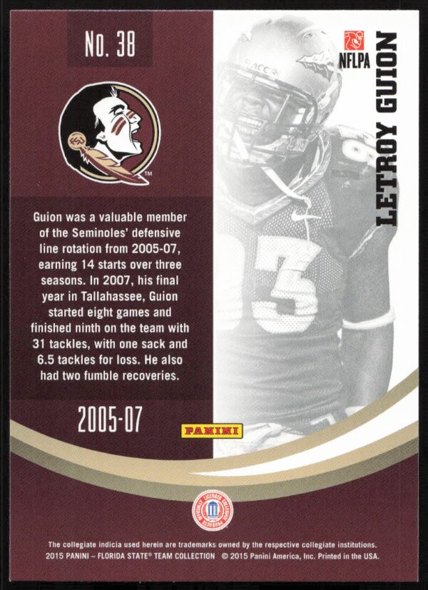 2015 Panini Florida State Seminoles Letroy Guion #38 (Back)