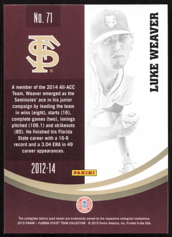 2015 Panini Florida State Seminoles Luke Weaver #71 (Back)