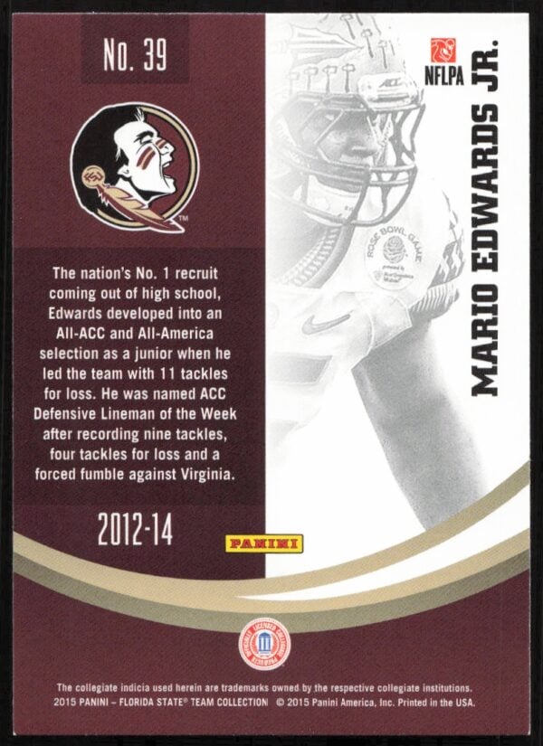 2015 Panini Florida State Seminoles Mario Edwards Jr. #39 (Back)