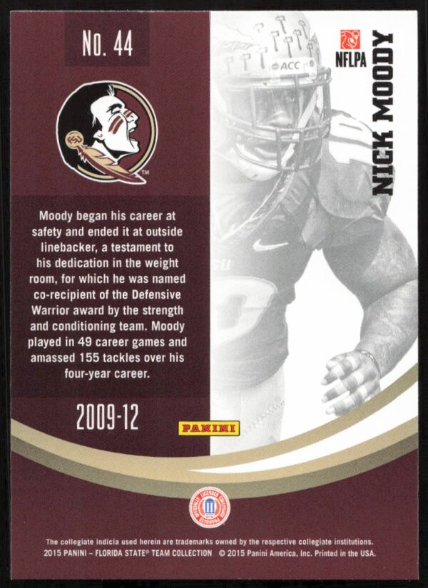 2015 Panini Florida State Seminoles Nick Moody #44 (Back)