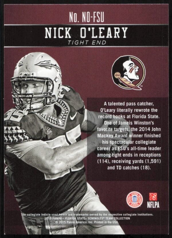 2015 Panini FSU Nick OLeary sports card, featuring career highlights and NFLPA logo.