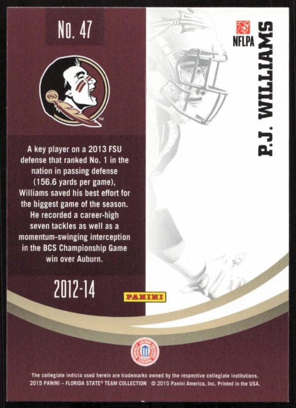 2015 Panini Florida State Seminoles P.J. Williams #47 (Back)