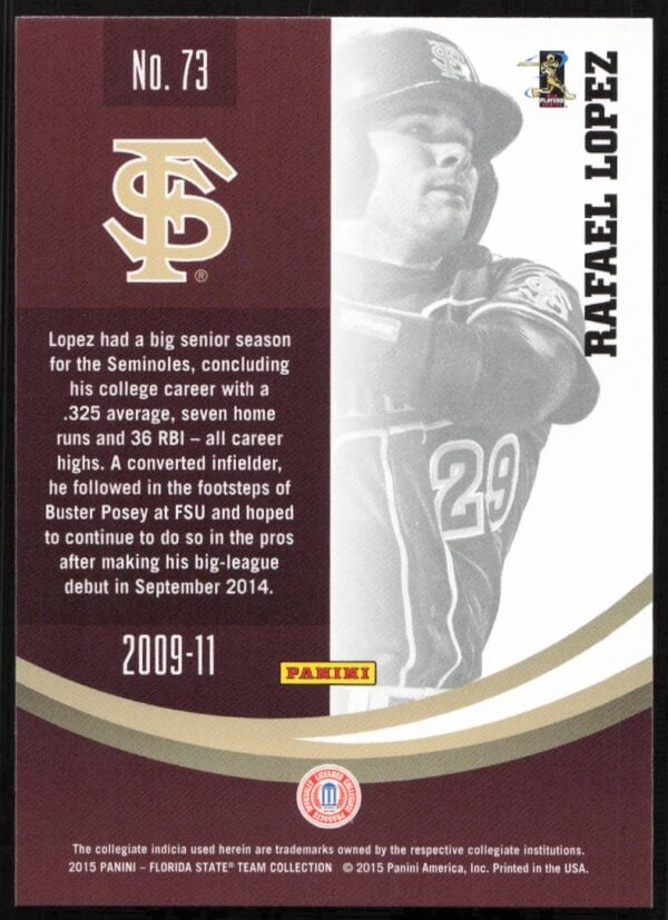 2015 Panini Florida State Seminoles Rafael Lopez #73 (Back)