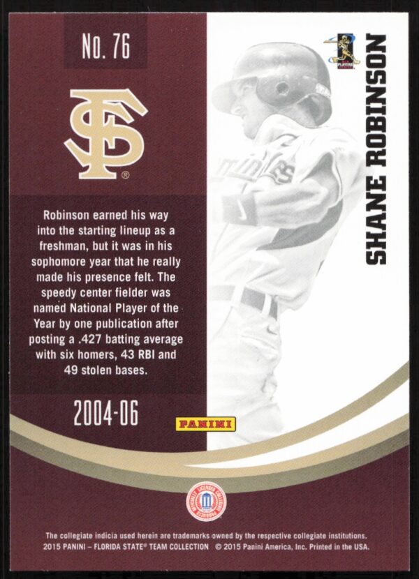 2015 Panini Florida State Seminoles Shane Robinson baseball card #76.