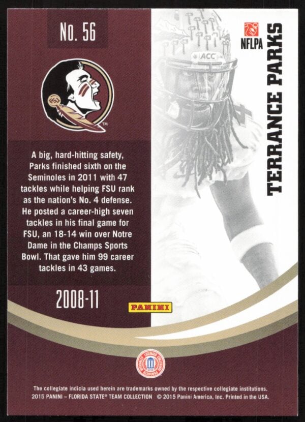 2015 Collectors card of FSU safety Terrance Parks, featuring career highlights and logos.