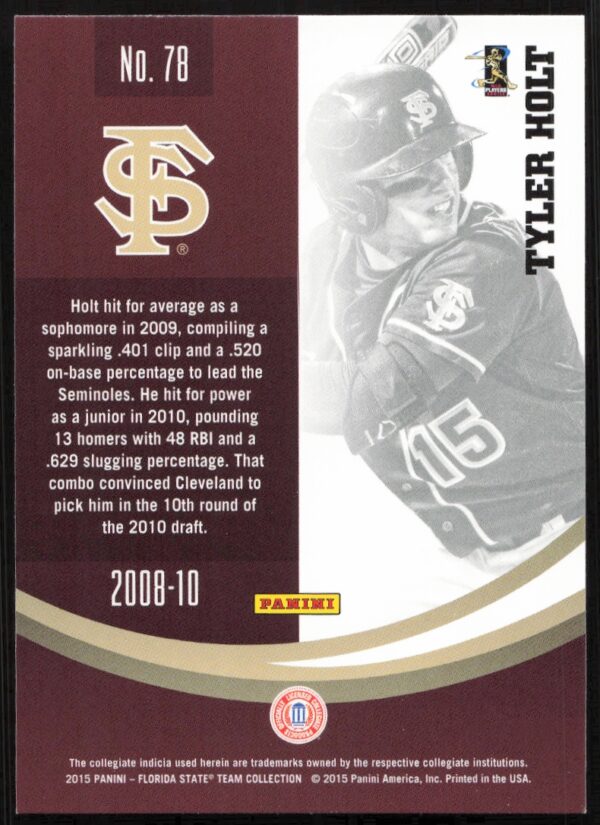 2015 FSU Tyler Holt baseball trading card by Panini, action shot in jersey #15.