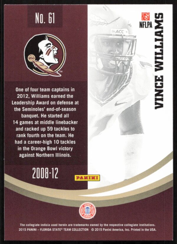 2015 Panini Florida State Seminoles Vince Williams #61 (Back)