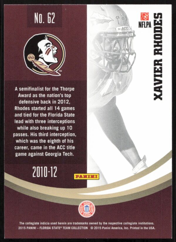 2015 Panini Florida State Seminoles Xavier Rhodes #62 (Back)